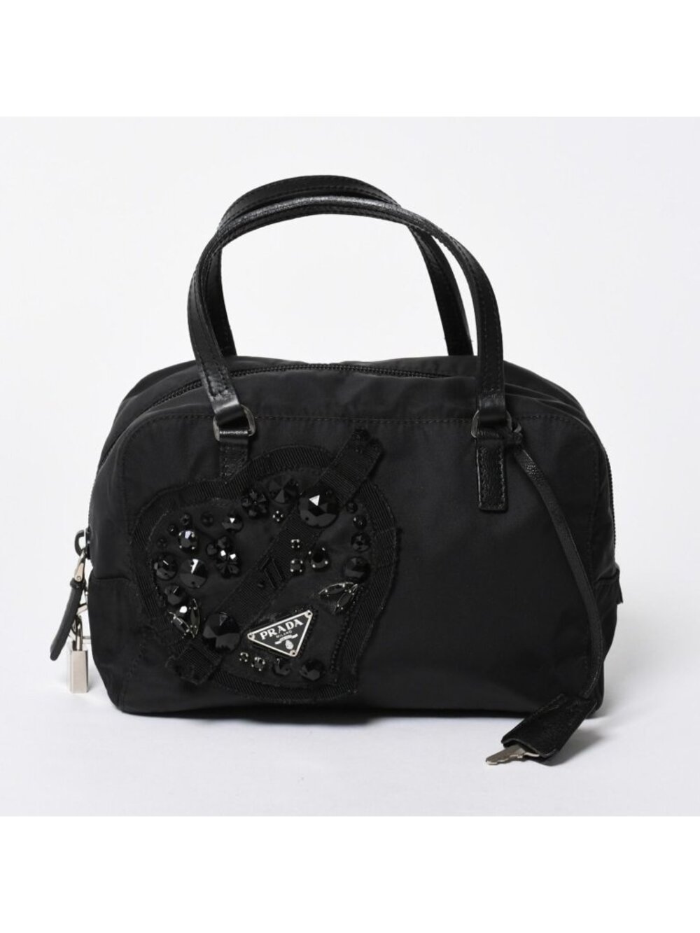 Prada Handbag Evening Heart Triangle Logo Nylon Black Silver